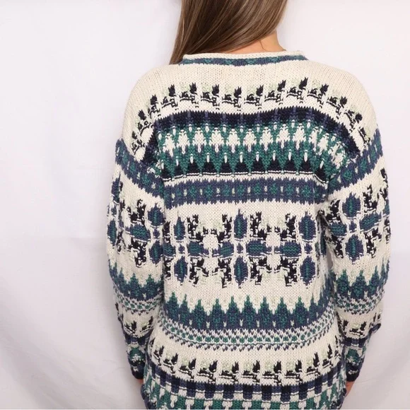 Vintage Blue and Green Fair Isle Crew Neck Knit Sweater - Picture 4 of 5